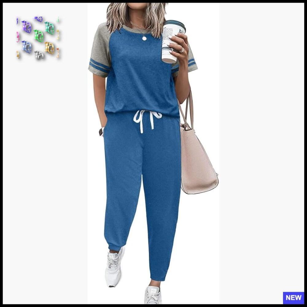 Soft Cotton Blend Pajama Set Short Sleeve Crewneck Jogger Lounge Outfit